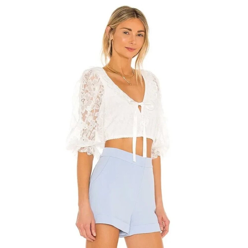 For Love & Lemons Loretta Sheer White Floral Crop Top Boho Blouse, Size XS $134